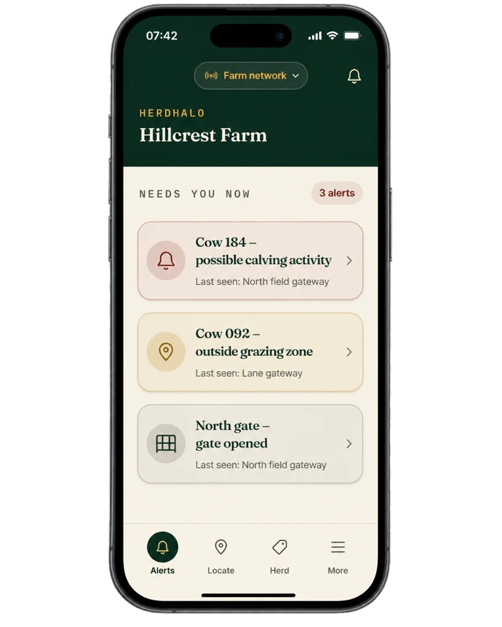 HerdHalo app showing live farm alerts for Hillcrest Farm